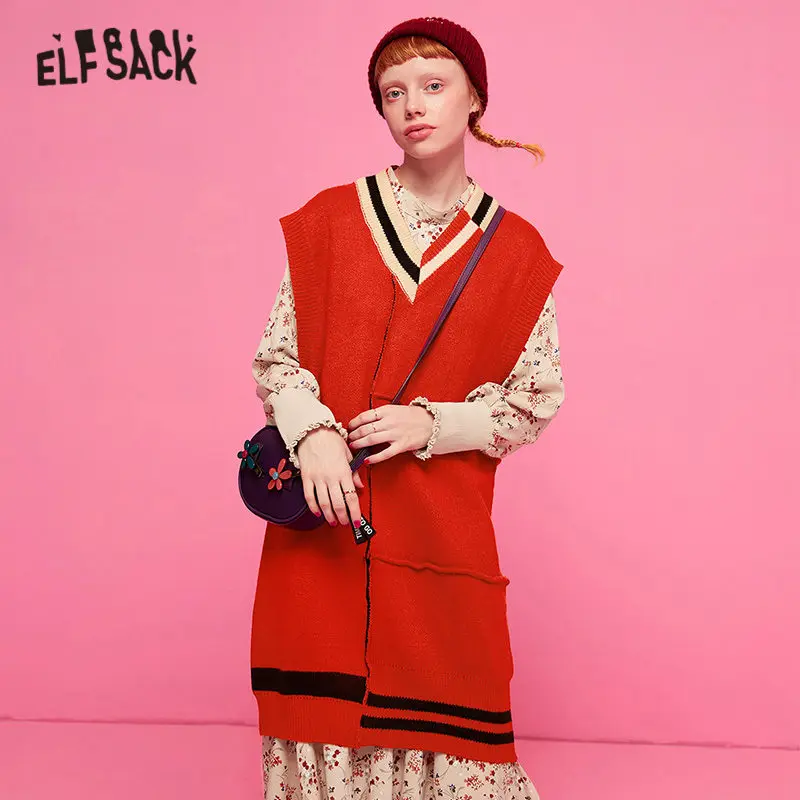 ELFSACK красный однотонный вязаный пуловер свитера женское платье осень 2019 v