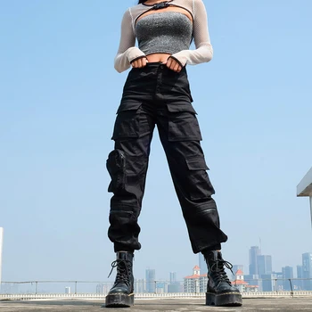 

Black High Waist Cargo Pants Women Casual Punk Funny Pants Loose Streetwear Pencil Harajuku Pants Fashion Hip Hop Women Trousers