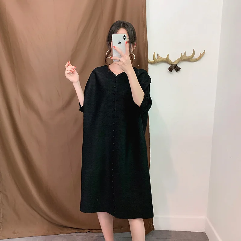 [DEAT] осенний плиссированный Свободный пуловер с v-образным вырезом и длинными рукавами винтажное женское платье Vestido WJ12201 японский стиль - Цвет: black