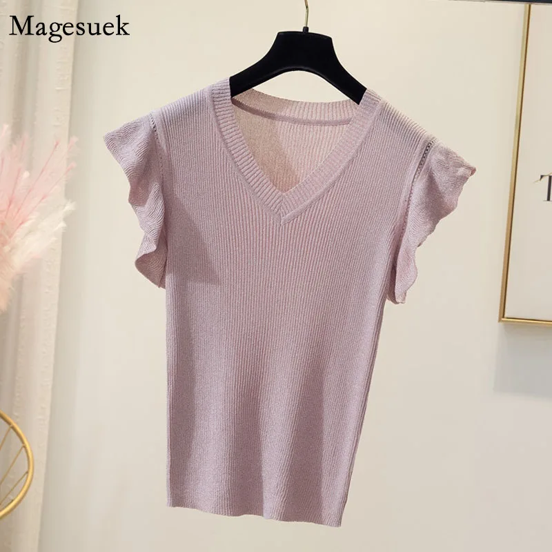 

Summer Knitted Tank Top Fashion V-neck Elegant XL-4XL Women Blouses Bright Yarn Thin Lotus Sleeve Loose Vest 2021 Blusas 13633