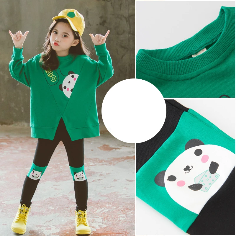 Детская одежда хлопковые комплекты из 2 предметов для девочек свитшоты с пандой и леггинсы с героями мультфильмов Рождественский костюм осенний детский спортивный костюм Мода