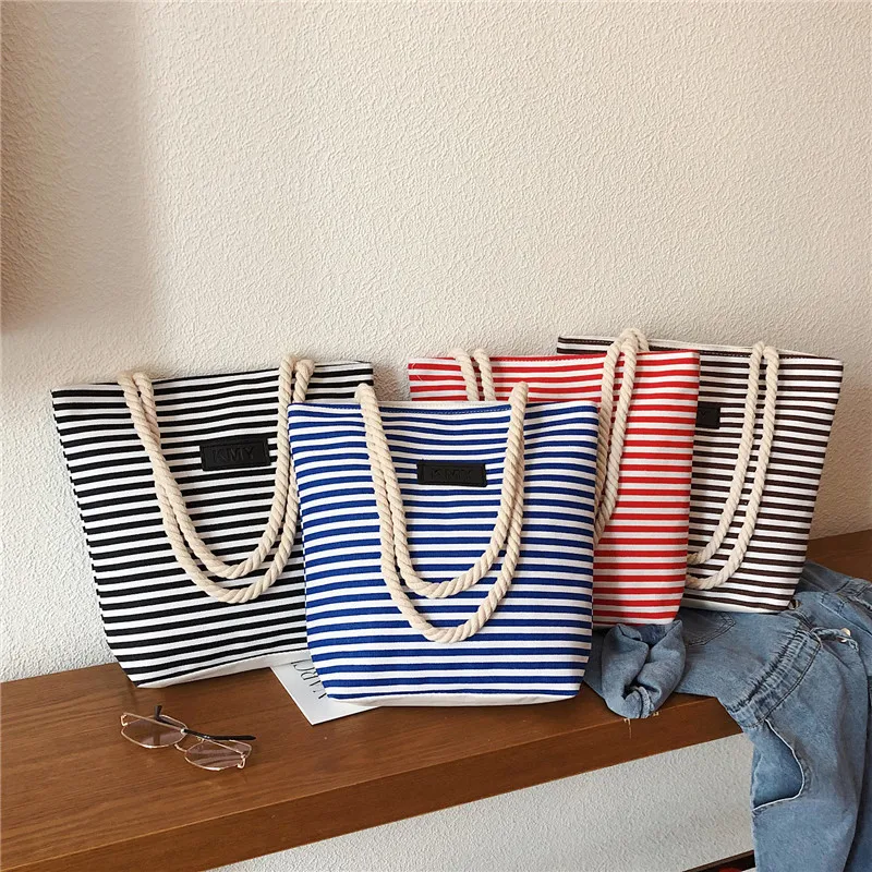 

New Korean shopping bag female large capacity canvas bag out simple minimalist striped hemp rope shoulder bag
