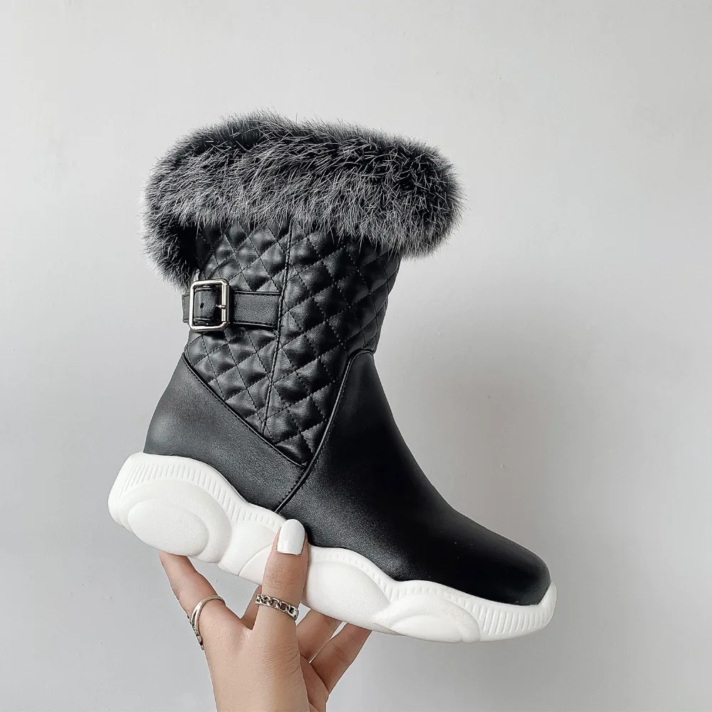 Sweet Ladies Quilted Mid-calf Boots Warm Faux Fur Winter Snow Shoes for Women Female Thermal Sneakers Boots Larger Size 46