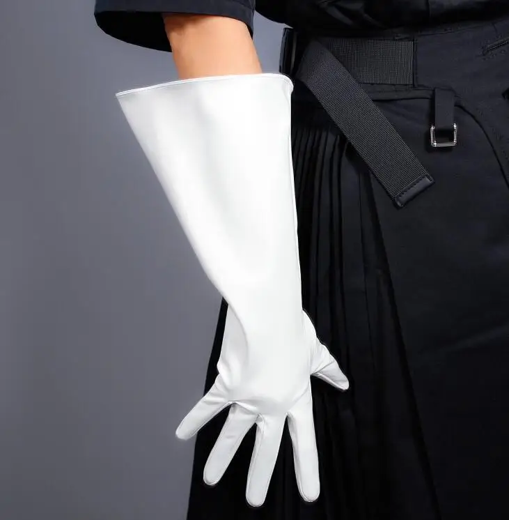 patent white pu Женская модная Перчатка из искусственной кожи с широким рукавом, женские вечерние длинные перчатки в черную полоску 38 см R2472 - Цвет: patent white pu