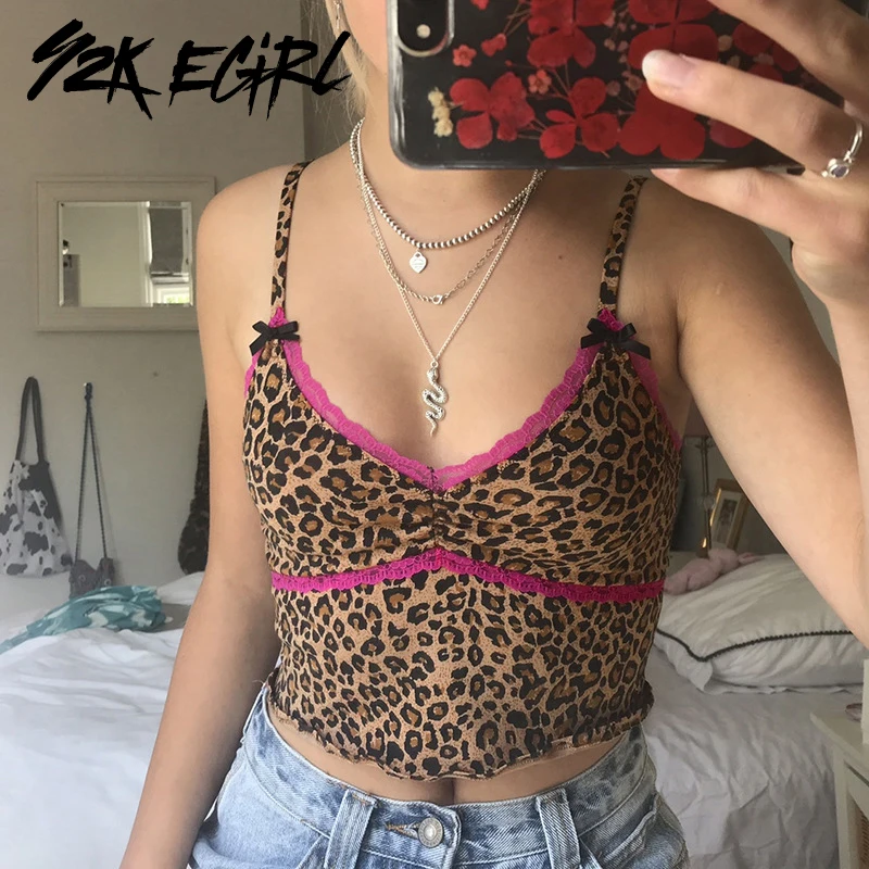 Y2K EGIRL и сексуальными тоненькими лямками с леопардовым принтом молочница Топ 90s в
