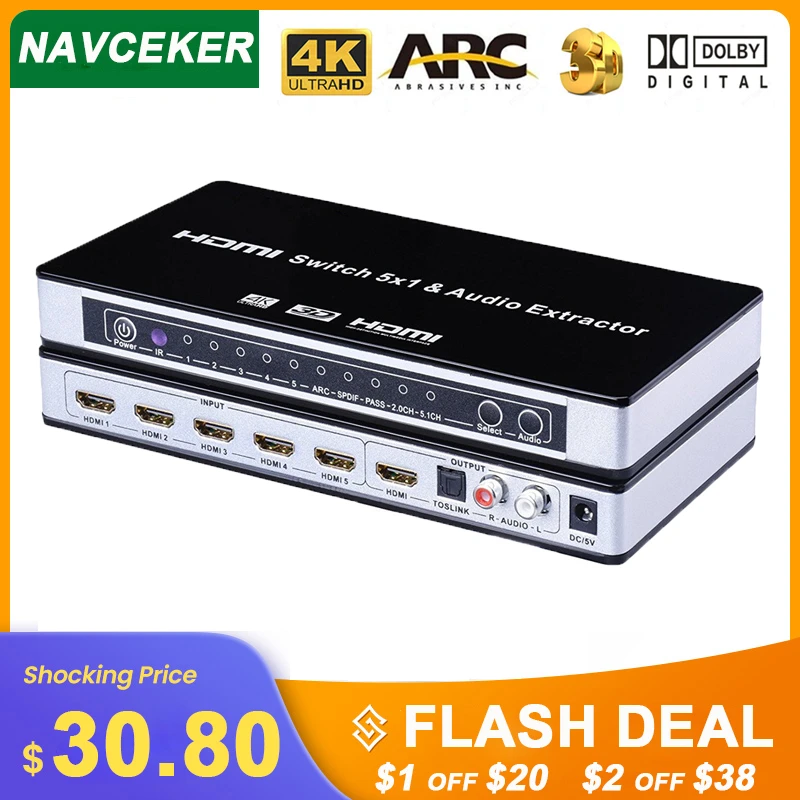 2020 HDMI Switch Switcher 5x1 HDMI Audio Extractor 4Kx2K 3D ARC Audio EDID Setting HDMI 1.4v HDMI Switch Remote For PS4 Apple TV