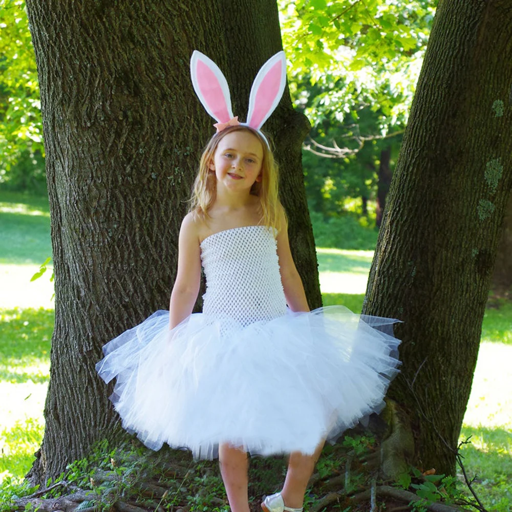 

Girls White Rabbit Easter Tutu Dress Kids Crochet Tulle Dress with Hairbow Children Cosplay Party Costume Photography Dresses