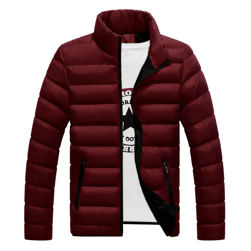 Winter Jacket Men New Cotton Padded Thick Jackets Parka Slim Fit Long Sleeve Quilted Outerwear Clothing Warm Coats - Color: Burgundy