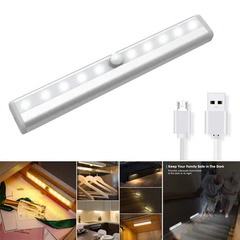 

Motion Sensor Cabinet Light USB Rechargeable Under Counter Closet Lighting 10 LED Wireless Kitchen Lights for Closet Stairs