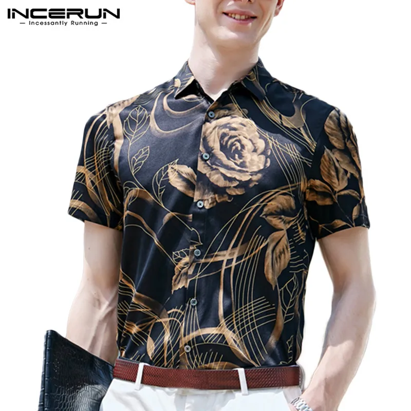 INCERUN Faux Silk Satin Men Shirt Floral Printed Lapel 2020 Short Sleeve Vintage Camisa Masculina Stylish Brand Shirt Men S-5XL INCERUN Faux Silk Satin Men Shirt Floral Printed Lapel 2020 Short Sleeve Vintage Camisa Masculina Stylish Brand Shirt Men S-5XL