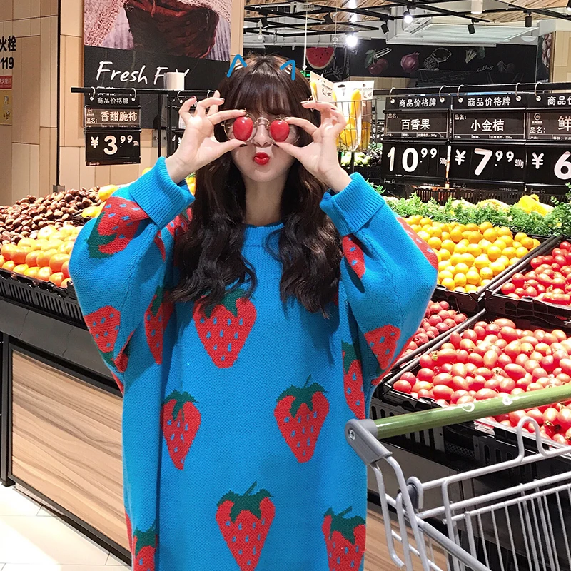 Blue sweater Корейские милые женские желтые платья зимние Клубничные розовые длинные свитера винтажные с круглым вырезом свободные женские вязаные теплые пуловеры платье - Цвет: Blue sweater