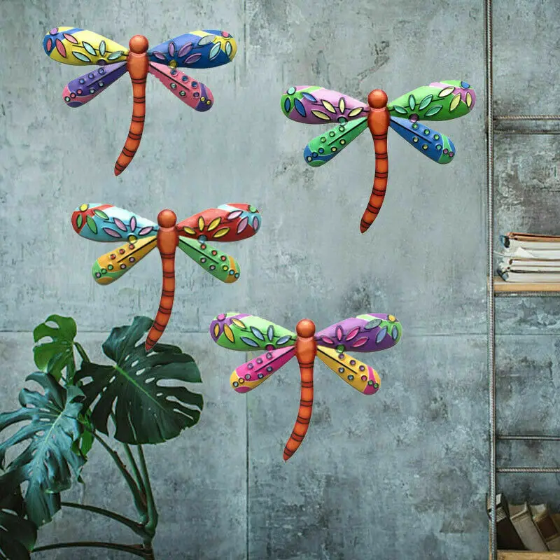 

4pcs Metal Dragonfly Wall Decoration Hanging Sculpture Wall Artwork Garden Yard Decoration Miniaturas Animal Outdoor Statues