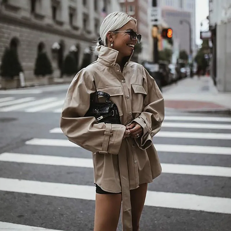 Street Fashion Cool Ladies Quality Khaki Jackets Women Pockets Belt Long Sleeve Turn Down Collar Long Coat Windbreaker Tops