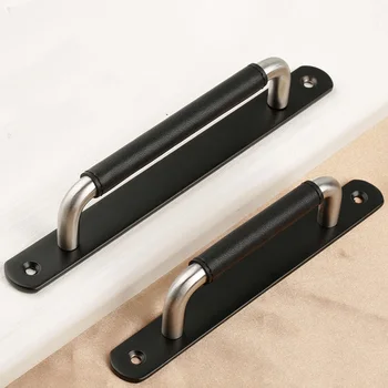

304 Stainless Steel Sliding Door Handles Wall Mounted Leather Knob Modern Minimalist Furniture Wardrobe Locker Cabinet Pulls