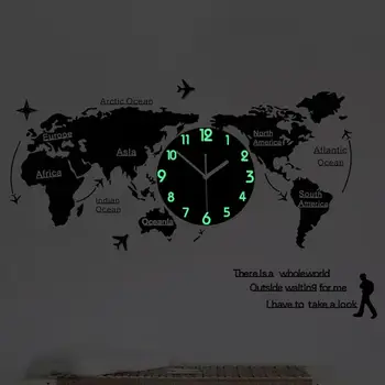 

1pc Acrylic Silent Wall Clock World Map Wall Clock Mute Wall Lamp without Battery for Home Office Living Room (80cm Black)