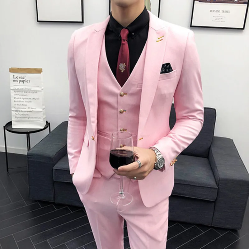 Mens Wedding Suits Slim Fit Pink White 