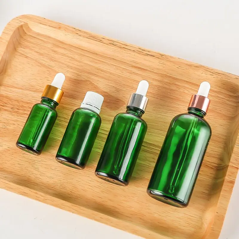 15PCS 5ml 10ml 15ml 20ml 30ml 50ml 100ml 유리 점적기 녹색 유리 아로마테라피 액체 피펫 병 리필 가능 병