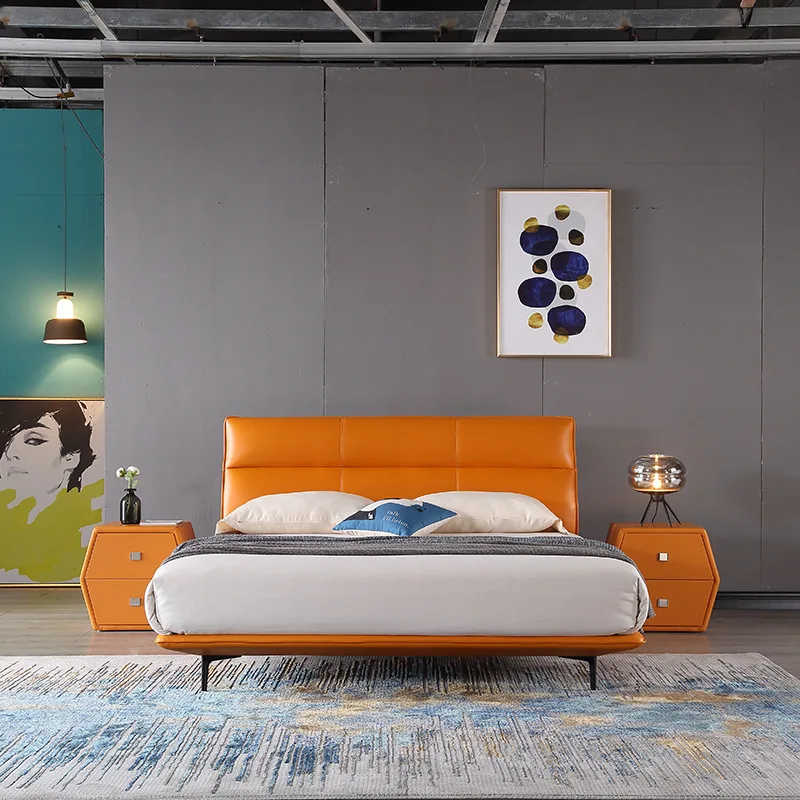 

Italian Master Bedroom 1.5 M Genuine Leather Bed Modern Simple Double 1.8 M Full-Grain Leather Soft Leather Bed Wedding Bed