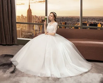 

Lace Embroidery Wedding Dress Classic O Neck Half Sleeve Plus Size Lace Up Princess Bridal Gown Slim Vestido De Noiva 2020