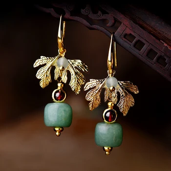 

Original green Aventurine dangle earrings women , gold leaves vintage earrings style,New nature stone Ethnic earrings jewelry