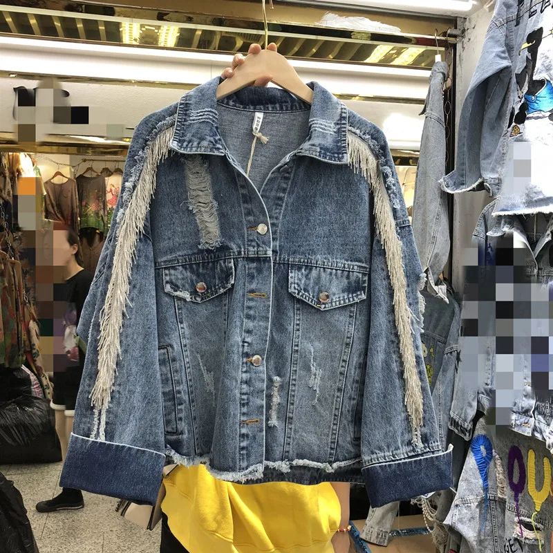 

2010 Spring New Europe Style Women's Cropped Ripped Jean Jacket Women Heavy Industry Broken Trim Fringed Drilling Denim Jacket