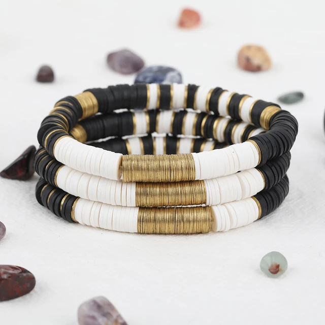 Clay Bead Bracelet/ Handmade Personalized Bracelet/ White, Black and Gold  Beaded Bracelet/ Polymer Clay Bracelet, Mothers Day, Heishi Bead -   Canada