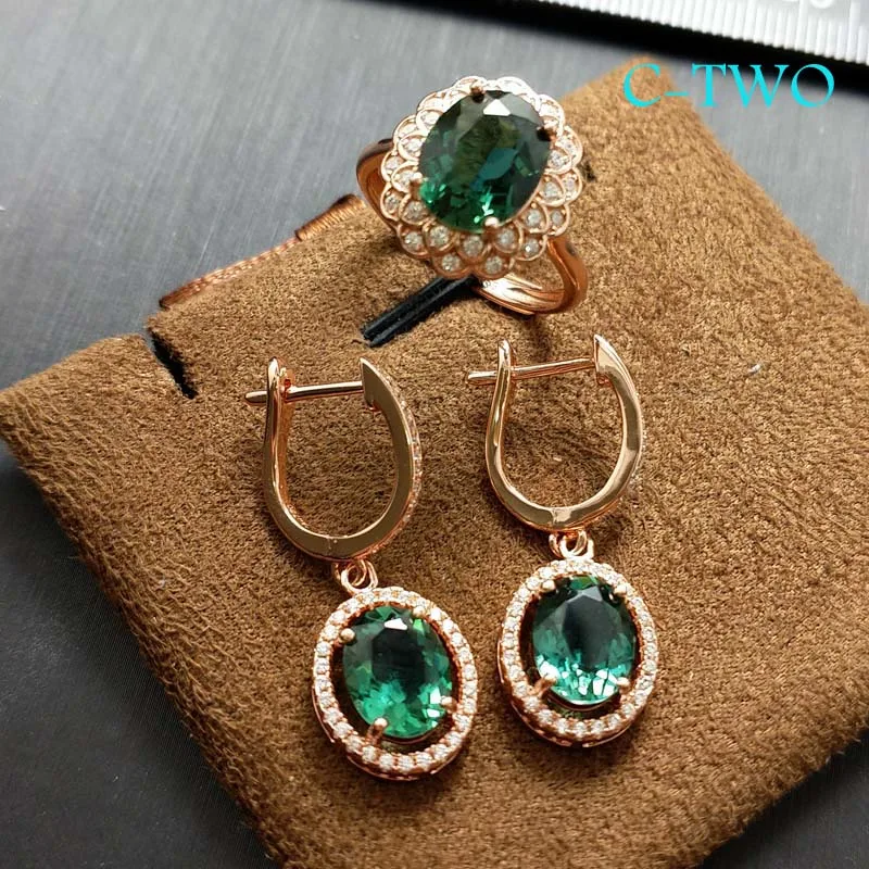 

C-TWO Nice long earring with flower ring set in 925 sterling silver with rose gold plated wedding jewelry set