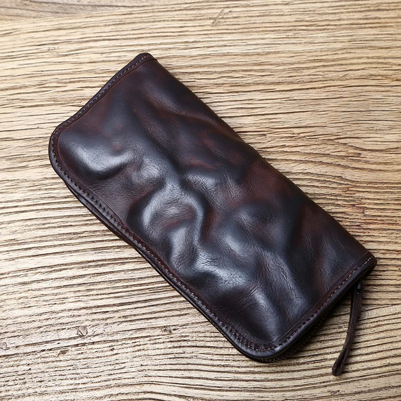 Vintage Handmade Men's Leather Clutch Bag Vegetable Tanned Leather Long Wallet Top Layer Cowhide  Zipper Wallet Card Holder NZPJ
