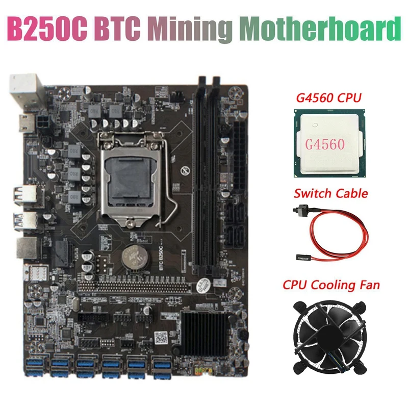 Материнская плата B250C для майнинга BTC с ЦП G4560 + вентилятор кабель переключения