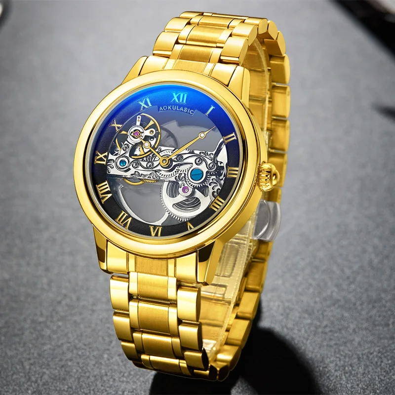 

AOKULASIC Mens Full Steel Blue Magic Light Hollow Mechanical Automatic Watch Men Sport Watch
