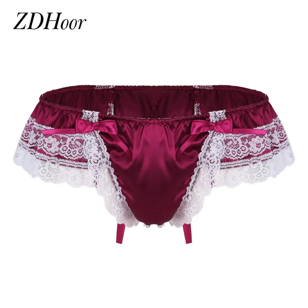 Mens Sissy Pouch Panties Shiny Soft Satin Lingerie Sexy Floral Lace Back Briefs Thongs with Bowknot Low Rise Bikini Underwear men stretch g string panties men stretch thong underwear men lingerie briefs