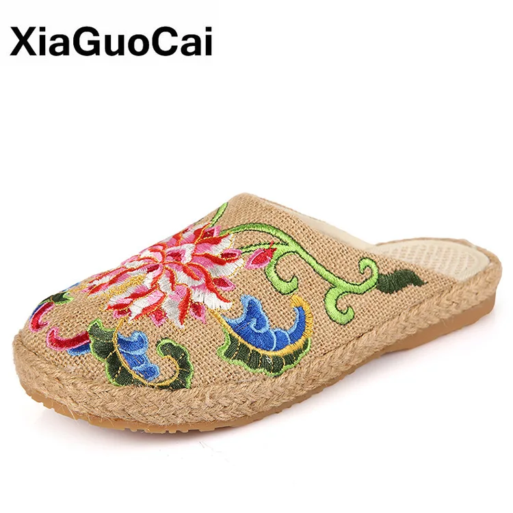 

Spring Autumn Women Slippers Linen National Retro Embroidered Casual Breathable Ladies Flax Slippers Flat Female Cloth Slippers