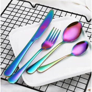 

Luxury Stainless Tableware Metal Western Steak Knife Fork Rainbow Cutlery Colored Dinner Cubertero Kitchen Cutlery Set MM60CJ