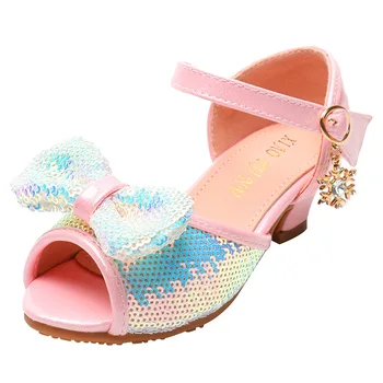 

Sequins Bow Big Kids Shoes High Heels Little Girls Summer Sandals Princess For Children Shoes Wedding 3 4 5 6 7 8 9 10 11 Years