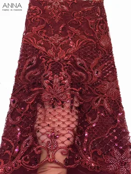 

Latest red handmade beaded lace fabric embroidery nigerian lace fabric 2019 high quality laces 5 yards/pcs mesh fabric for dress