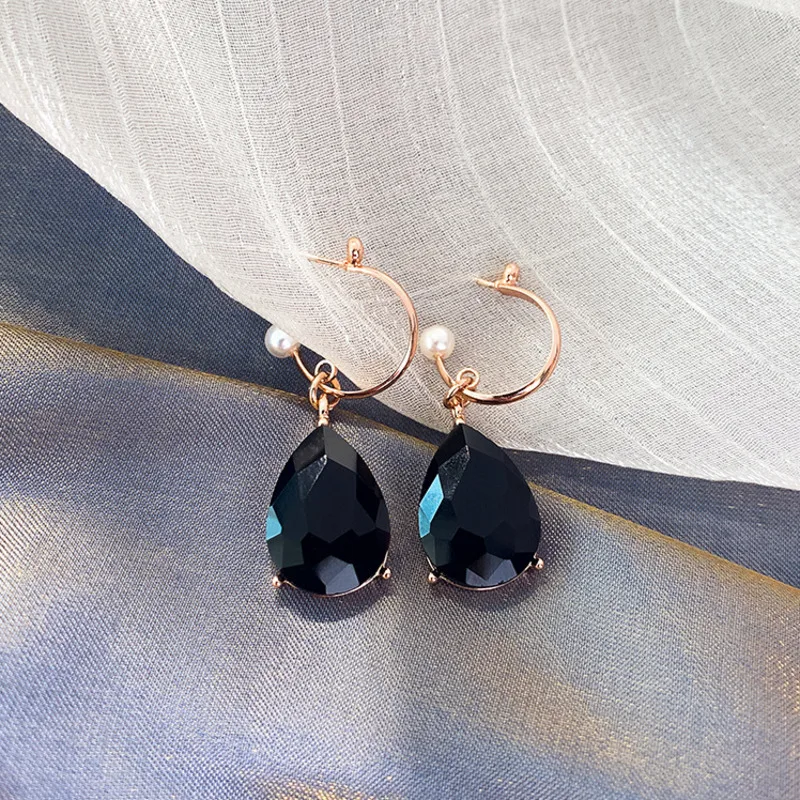 

Korea New Hypoallergenic Needle Pearl Black Drop-shaped Crystal Drop Earrings For Woman&girls Fashion Jewelry Party Gift