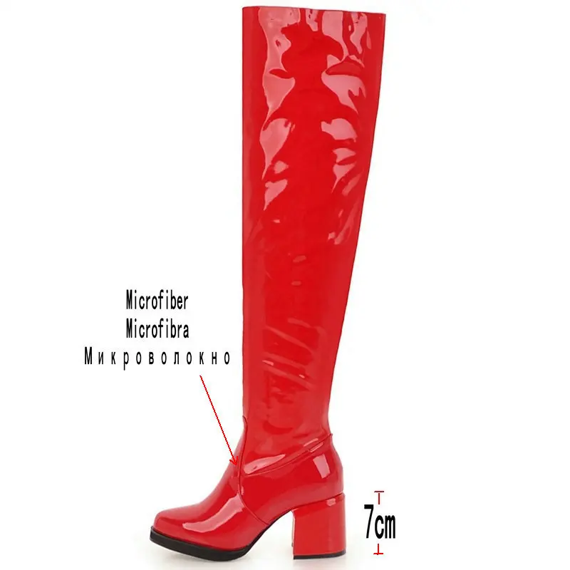 Red Gold Silver Black Patent Leather Boots Women Winter Knee High Boots Ladies Fashion Thick Heel Round Toe Long Boots