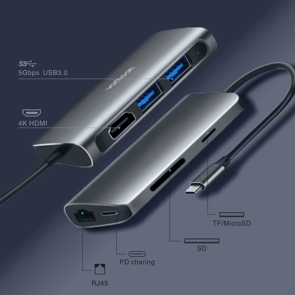 Вотон usb type C концентратор к USB 3,0 HDMI USB концентратор для MacBook Pro Air Card Reader RJ45 Ethernet usb сплиттер 7 порт type C концентратор