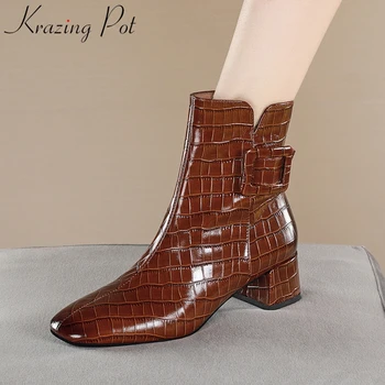 

Krazing pot handmade big size cow leather square toe vintage office lady buckle winter shoes zipper work dress ankle boots L6f2