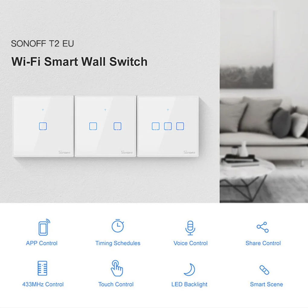 SONOFF T2EU1C-TX пульт дистанционного управления умный настенный переключатель панель совместима с Alexa Google Home IFTTT стандарт ЕС