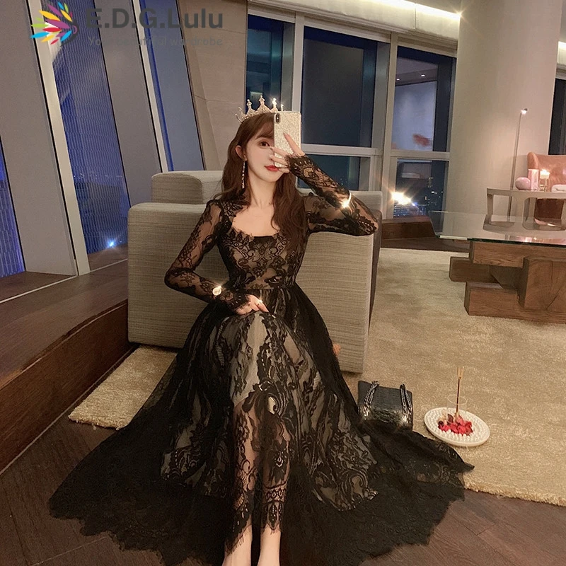 EDGLuLu women fall clothing overall dress black lace dresses woman party night maxi dress chic sexy elegant vintage party dress