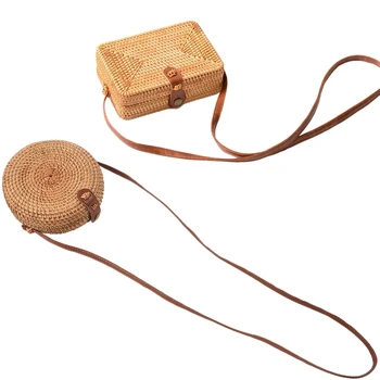 

2 Pcs INS New Ladies Hand-Woven Satchel Rattan Retro Literary Hand-Woven Leather Buckle Package Bohemia Beach Messenger Satchel,