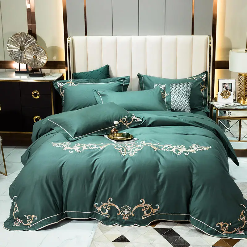 Egyptian Cotton Bedding Set Satin Embroidery Queen King Duvet Cover Sheet Luxury 