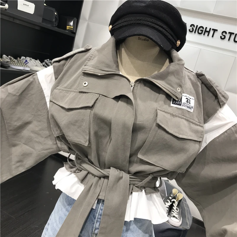 Осенний Свободный поддельный Двухсекционный прошитый подол ремень повседневный лацкан длинный рукав оснастки жакет; короткая куртка