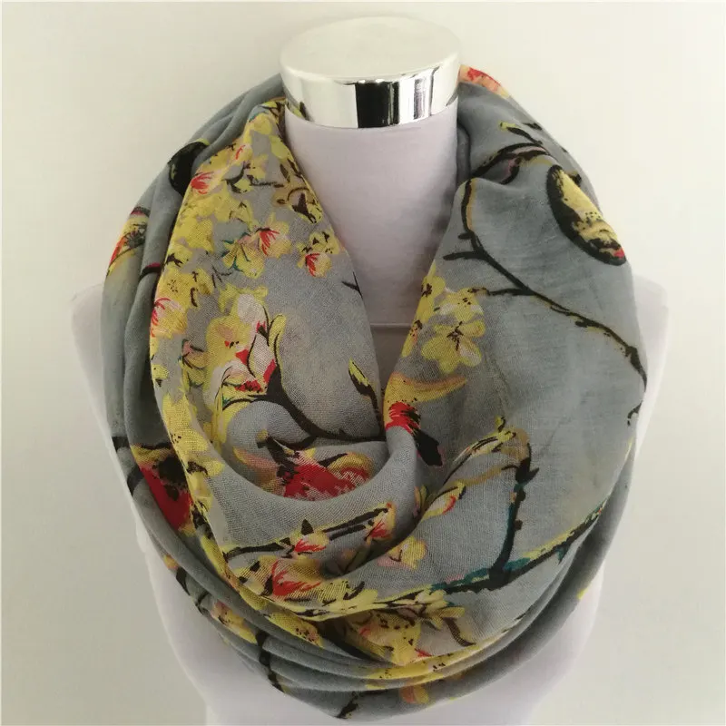 

New Magpie Bird Print viscose Match Ipek Esarp loop Scarves hot flower infinity Scarf spring Wraps hot ring scarf for women