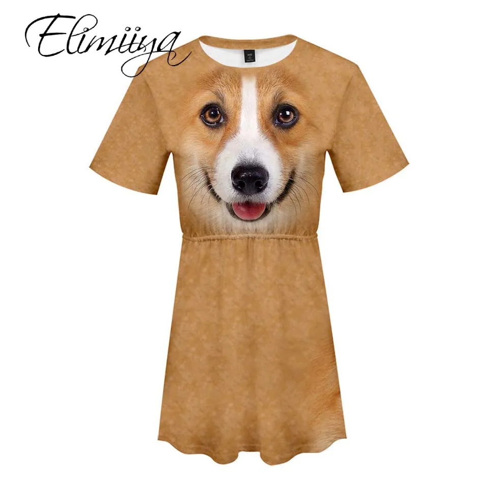 

Elimiiya Dress with animal print Women Dog Short Sleeve O-Neck Dresses Autumn Spring short frock for women roupa feminina