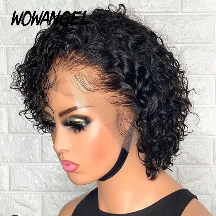 Wowangel-Peluca de encaje de corte Pixie, corte Blunt, cierre Bob, peluca con malla frontal, pelucas de cabello humano corto rizado, sin pegamento