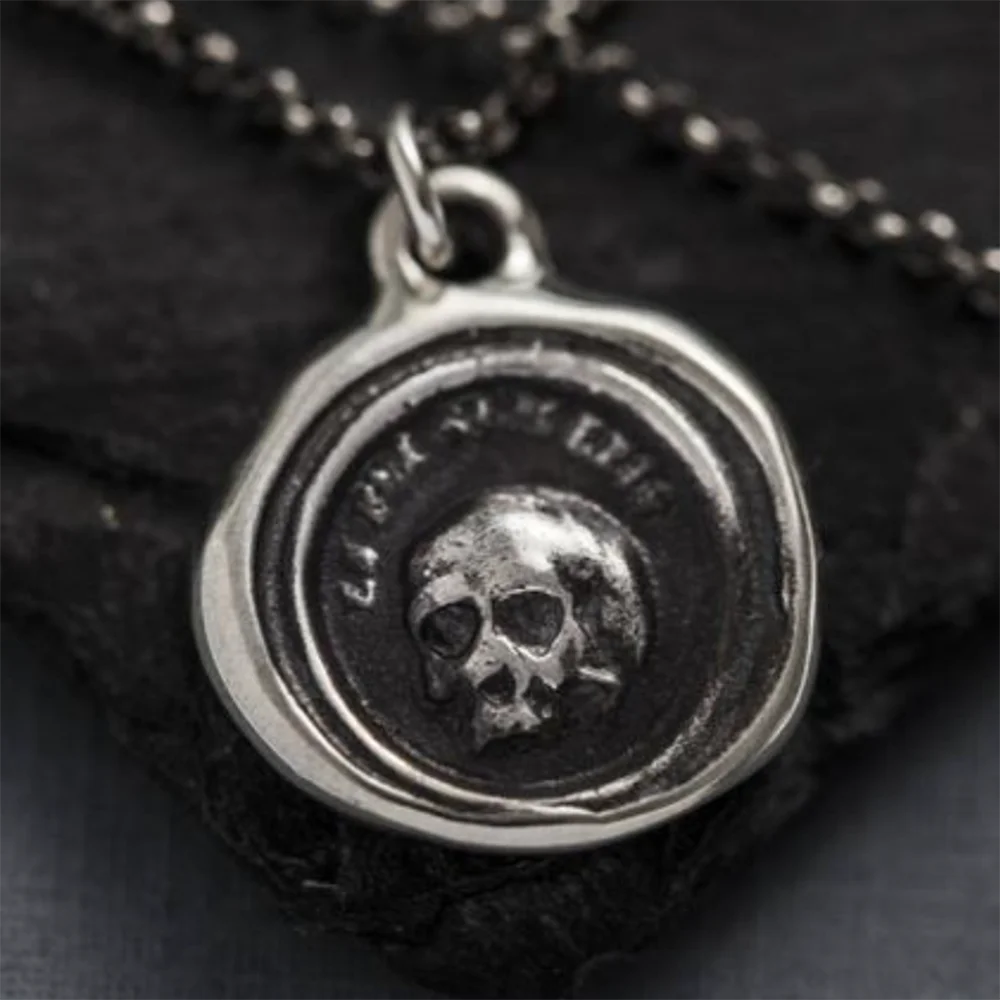 Flat Human Skull Pendant Necklace in Stainless Steel Memento Mori Charm