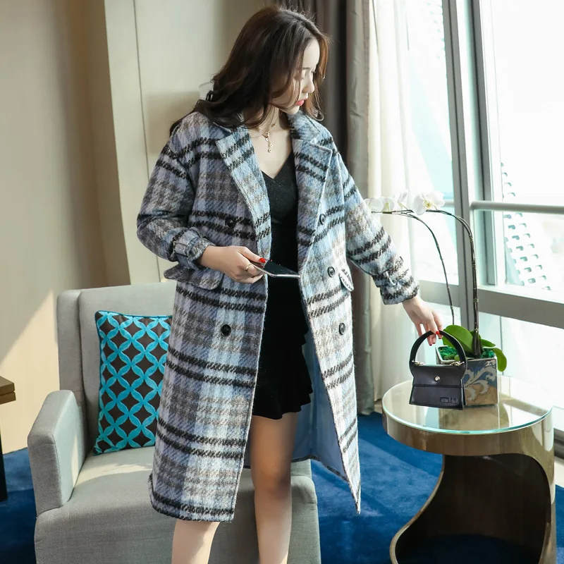 

1831 # Mid-length Woolen Jacket Autumn & Winter New Style 2018 Popular Plaid Versatile Overcoat Fashion Blue