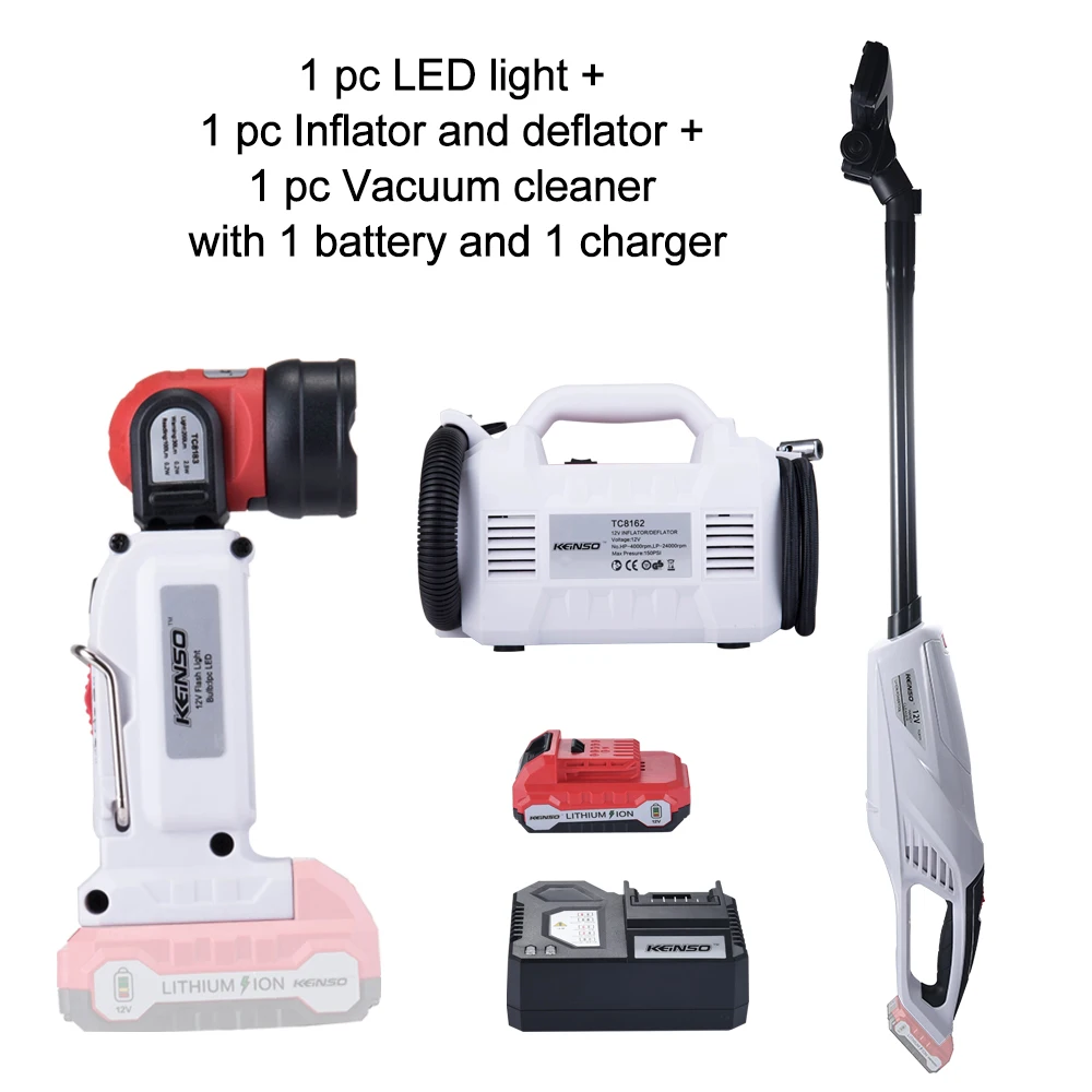 

12V Cordless Electric Power tool Lithium-ion Combo kit inflator and deflator air pump vacuum cleaner LED flash light lamp torch